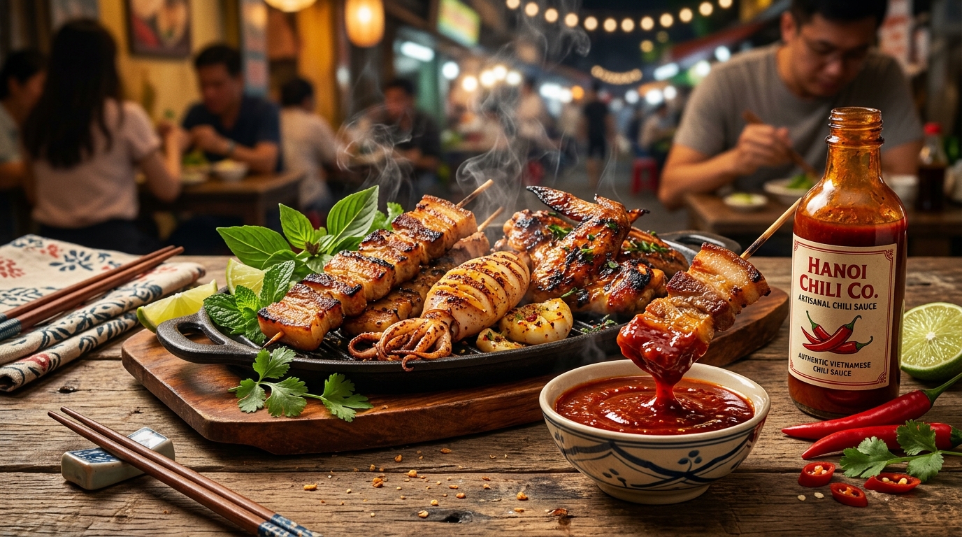 Mâm đồ nướng BBQ xèo xèo chấm tương ớt Bông Ớt cay nồng